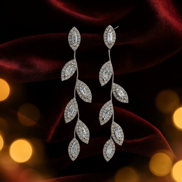 Leaf Drop Earrings Silver Plated S925 CZ Minimalist Statement Sparkling Dangles - Picture 12 of 12